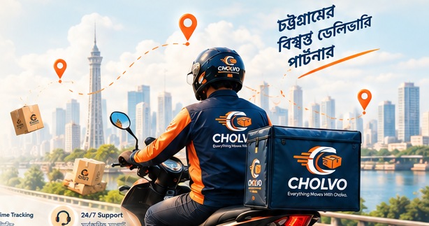 CHOLVO delivery rider on a motorcycle with branded delivery bag and route graphics